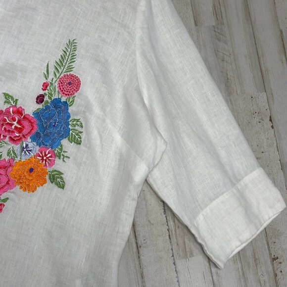 Nygard White Linen Multi Floral Embroidered Button-Up 3/4 Sleeve Shirt Size 20 - Picture 3 of 7